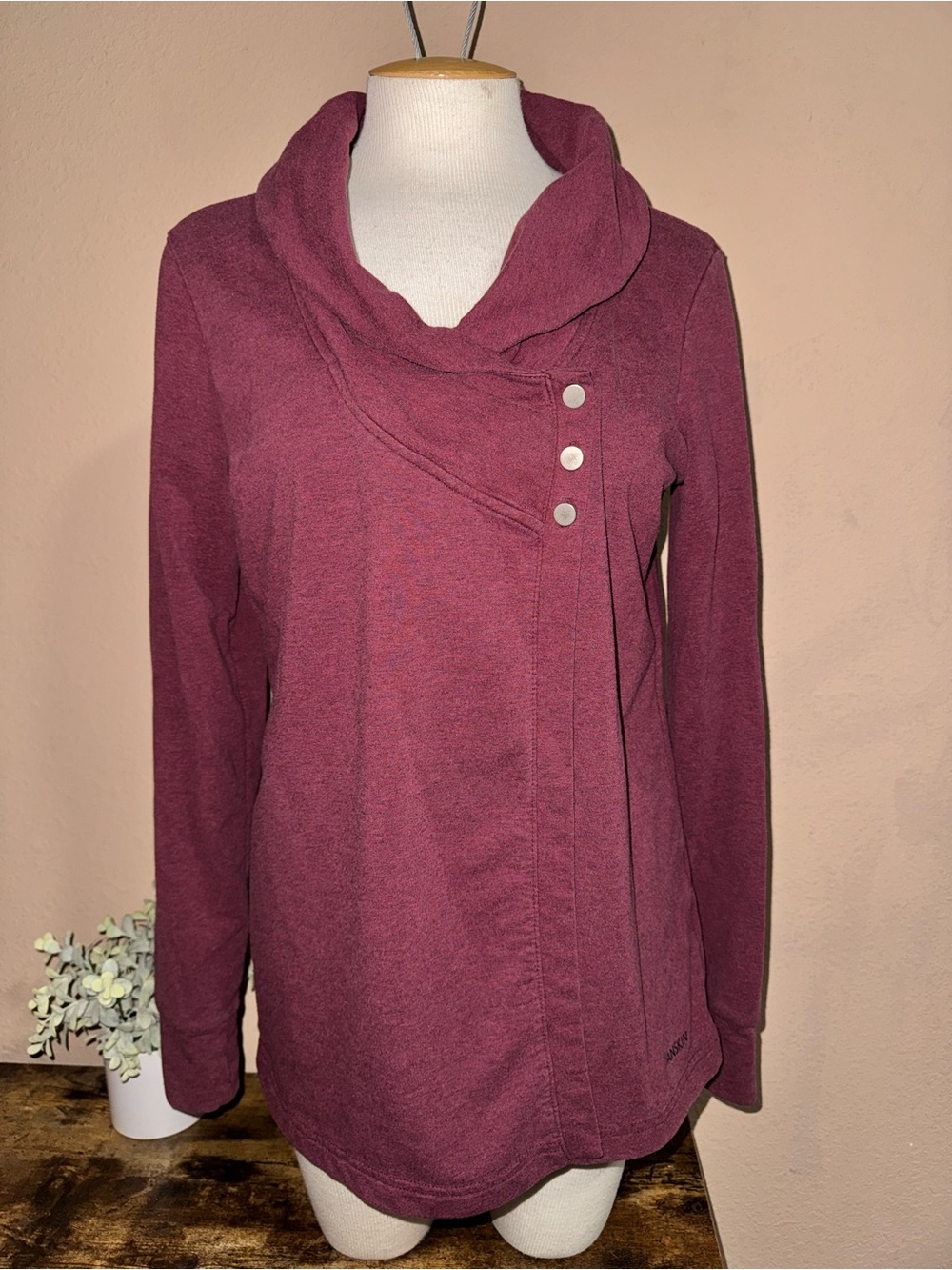 Danskin Burgundy Asymmetric Button Cowl Neck Wrap Around Sweater Women’s Large
